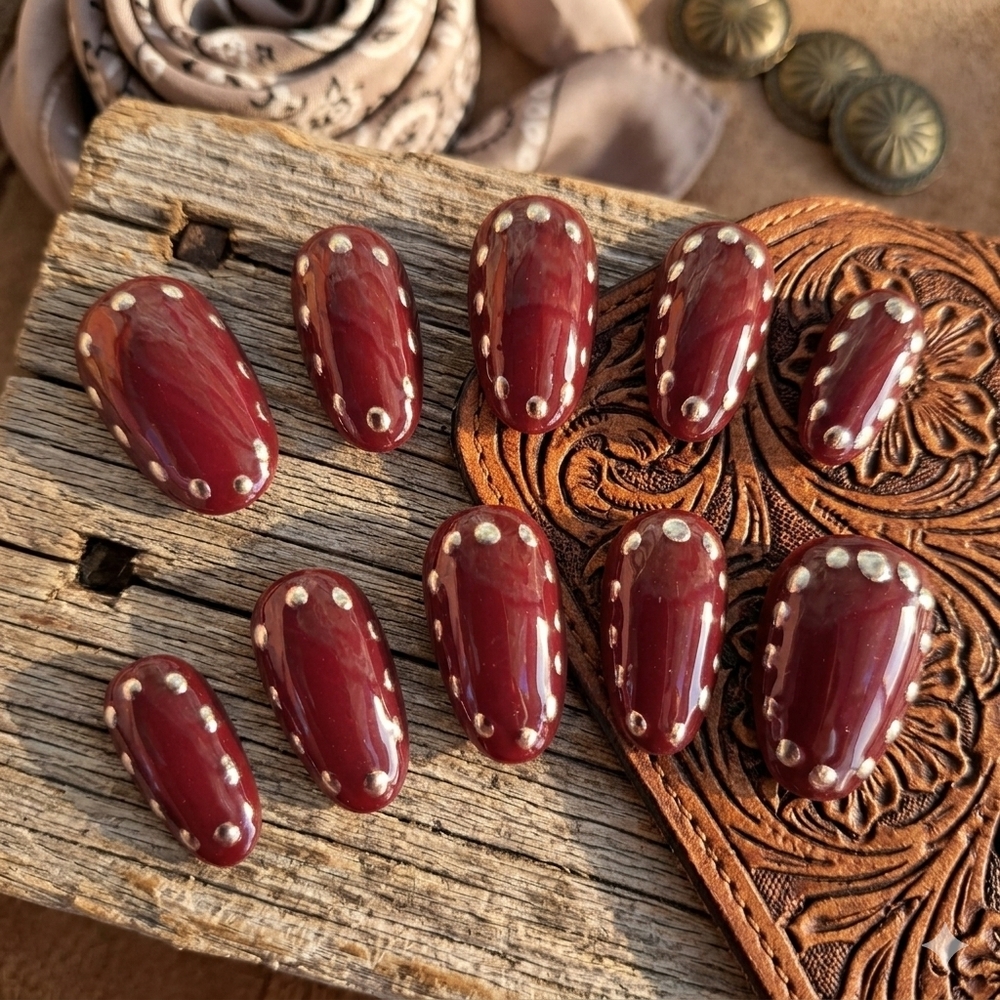 Burgundy and Silver Chrome Short Hand Painted Quality Reusable Press On Nails